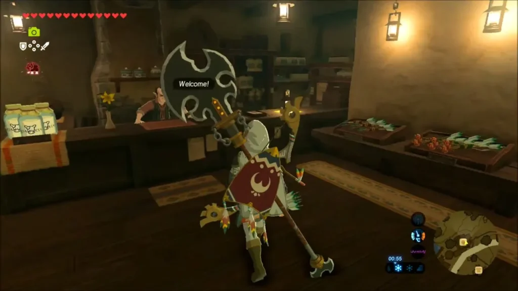 Link inside Pruce's shop with the shopkeeper behind the counter Link inside Pruce's shop with the shopkeeper behind the counter