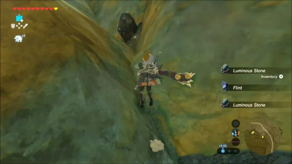 Link mining ore in the cave with Flint and Luminous Stone pickups Link mining ore in the cave with Flint and Luminous Stone pickups