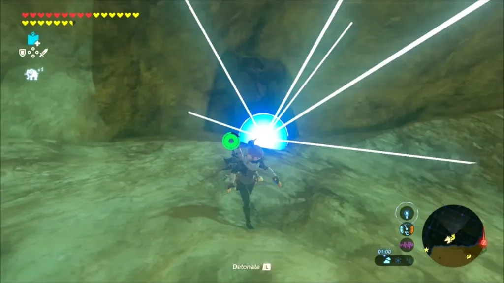 A remote bomb blasting the rock plug in the cave while Link stands back A remote bomb blasting the rock plug in the cave while Link stands back