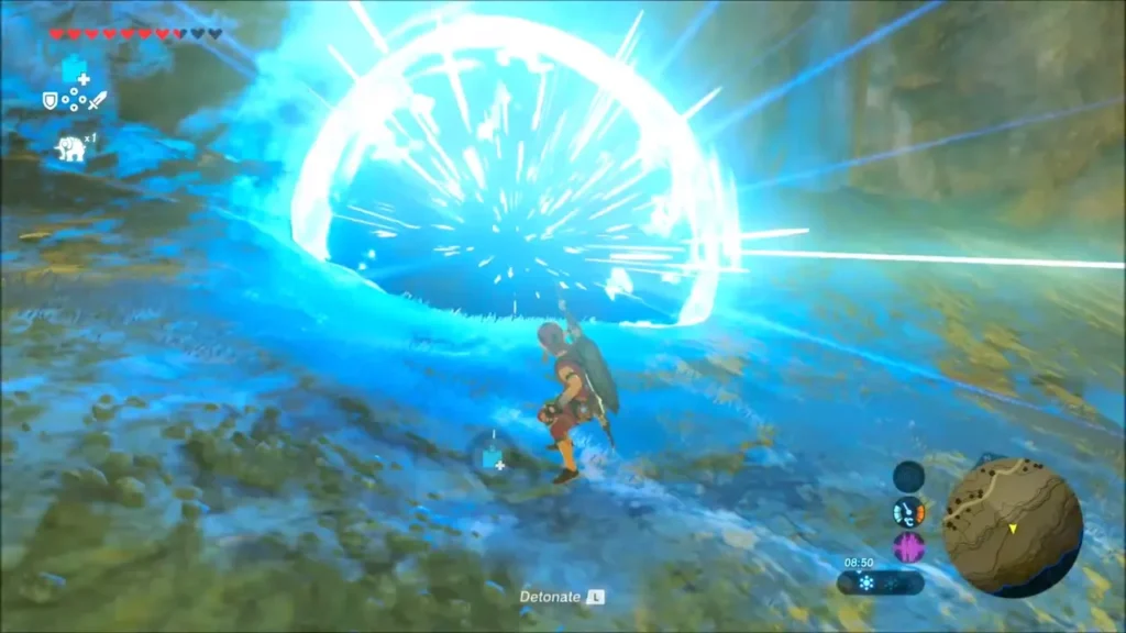 Remote Bomb detonating with a blue blast beside Link on a ledge Remote Bomb detonating with a blue blast beside Link on a ledge