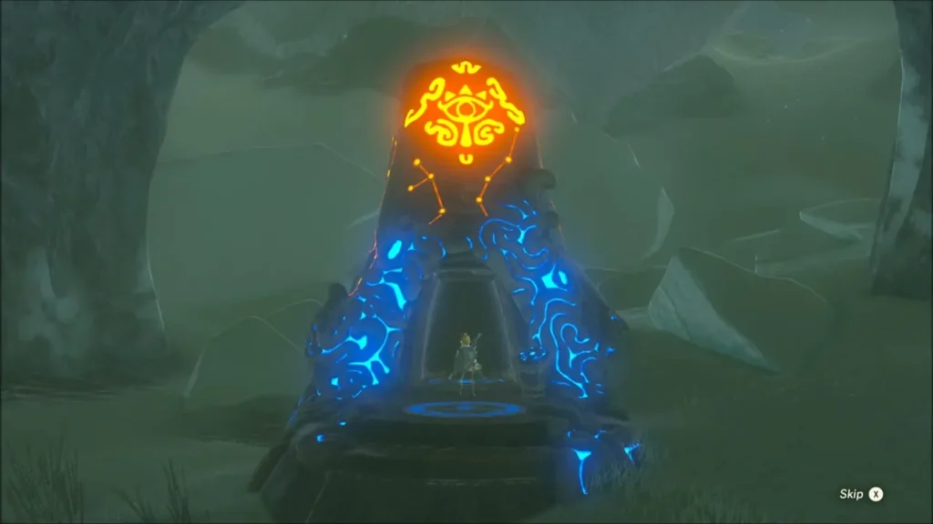 Link on the shrine travel pad as the shrine lights up blue Link on the shrine travel pad as the shrine lights up blue