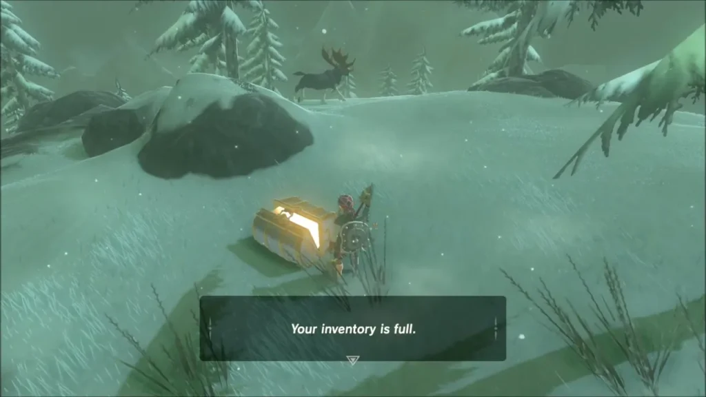 Link beside a glowing chest on a snowy slope with an elk behind Link beside a glowing chest on a snowy slope with an elk behind