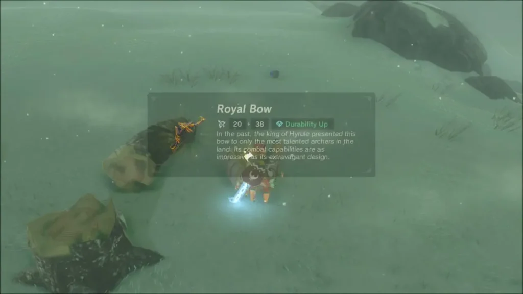Link picking up the Royal Bow from the chest in the snow Link picking up the Royal Bow from the chest in the snow