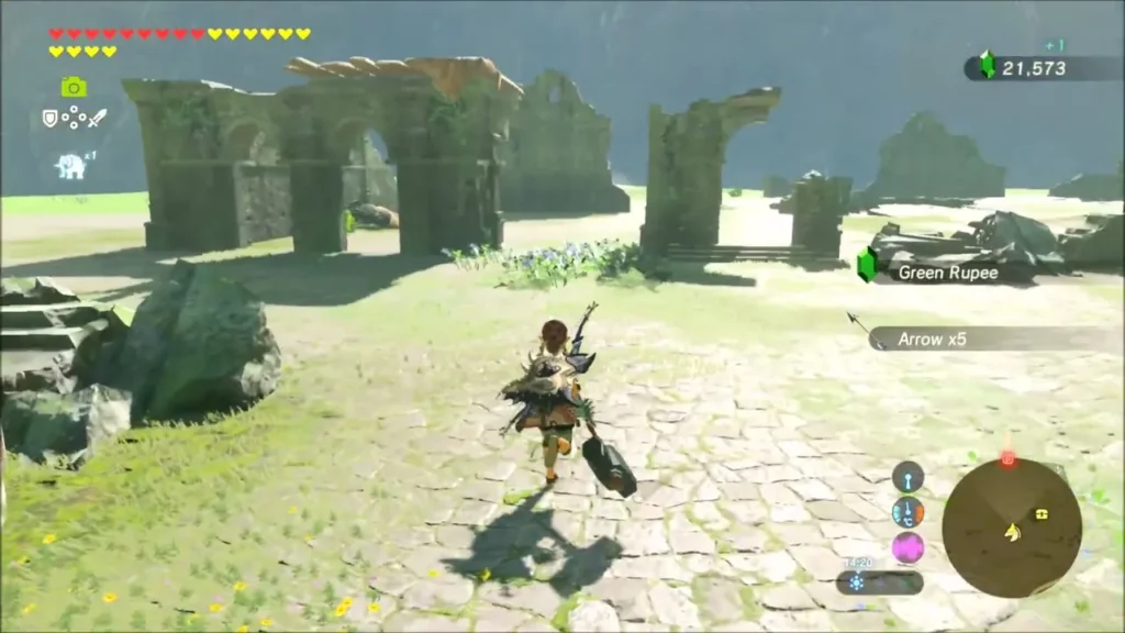 Link running across the cobbles of the ruins, collecting a Green Rupee and arrows Link running across the cobbles of the ruins, collecting a Green Rupee and arrows