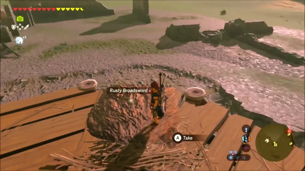Link about to take a Rusty Broadsword lying in the straw nest Link about to take a Rusty Broadsword lying in the straw nest
