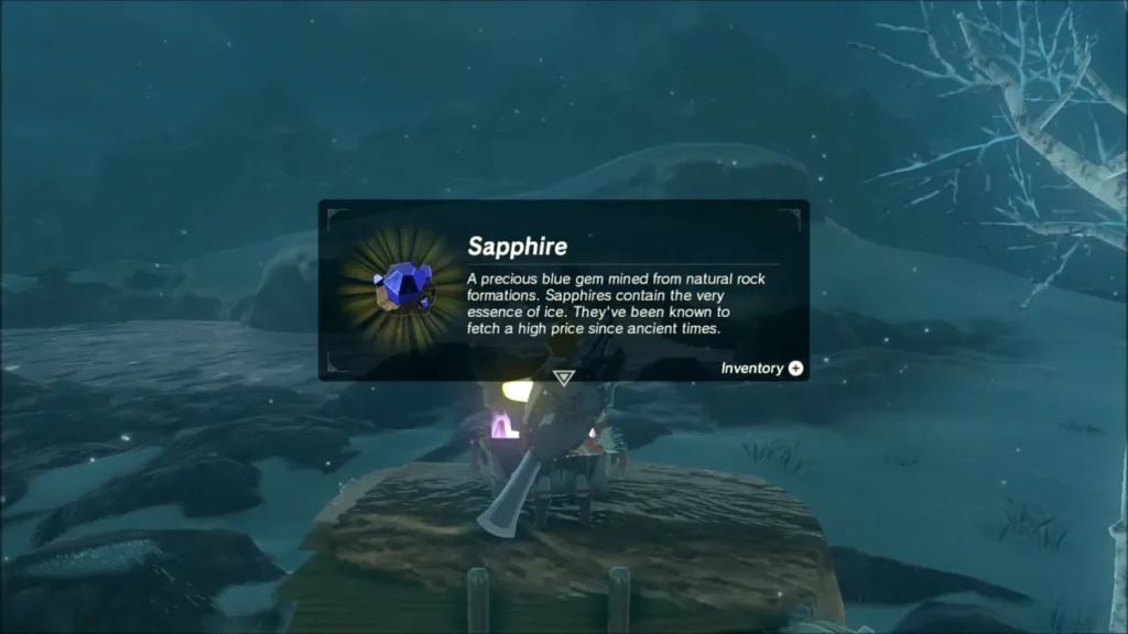 Link on a wooden platform holding up a Sapphire from the chest Link on a wooden platform holding up a Sapphire from the chest