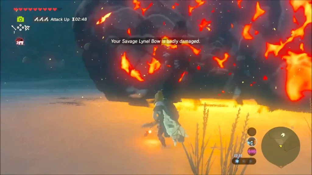 Huge fiery blast at night with a Savage Lynel Bow durability warning Huge fiery blast at night with a Savage Lynel Bow durability warning