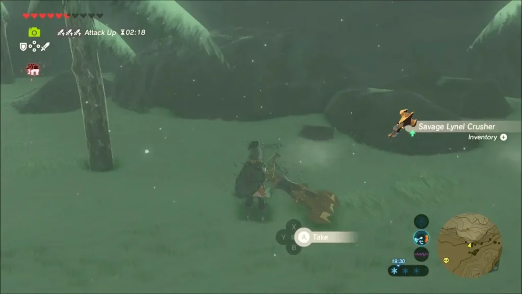 Link picking up the Savage Lynel Crusher from the snow Link picking up the Savage Lynel Crusher from the snow