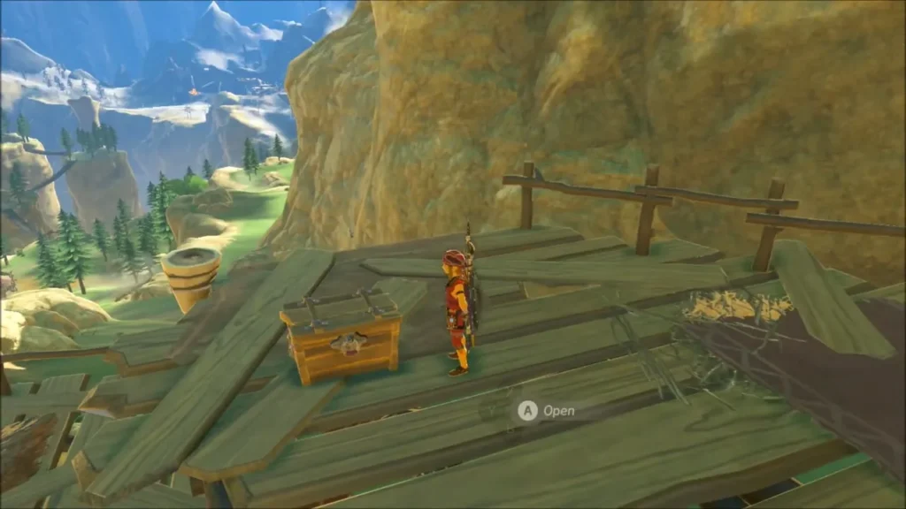 A wooden chest on the cliffside scaffold with Link standing nearby A wooden chest on the cliffside scaffold with Link standing nearby