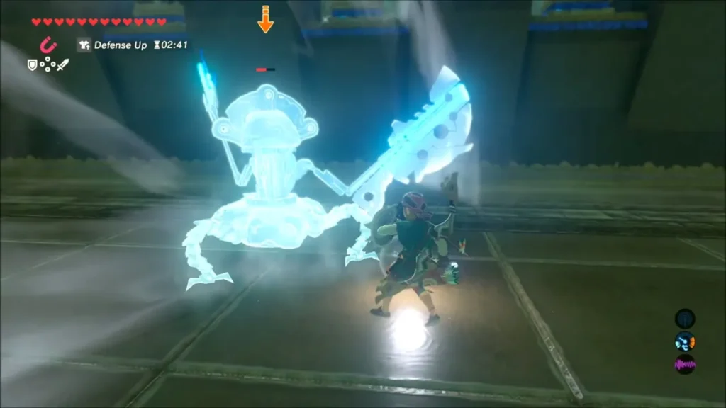 Guardian Scout frozen in a blue glow by Stasis as Link attacks Guardian Scout frozen in a blue glow by Stasis as Link attacks