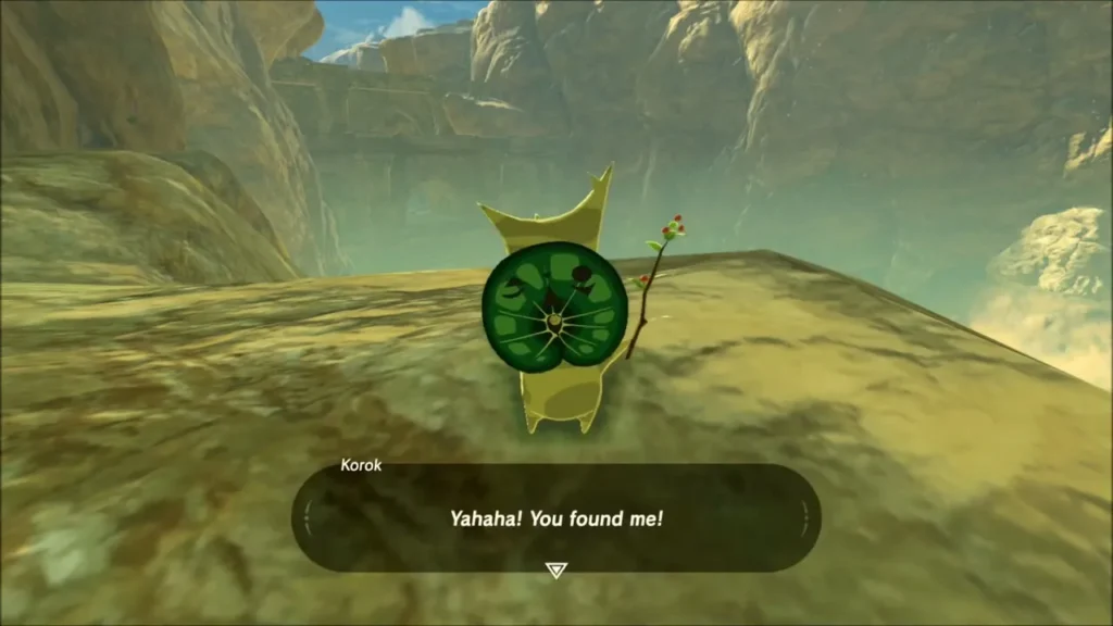 Korok with its leaf shield on a ledge above the canyon Korok with its leaf shield on a ledge above the canyon