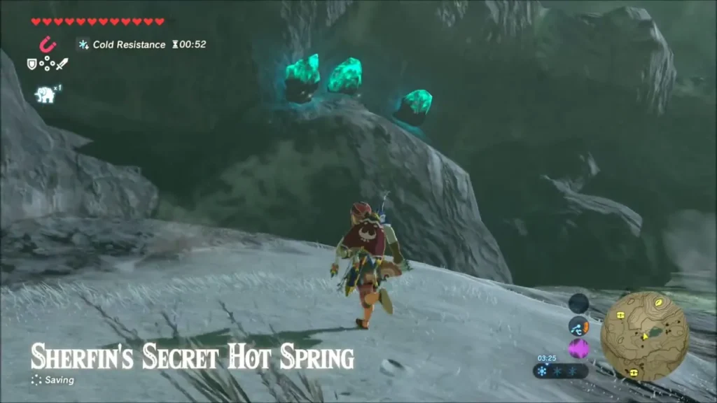Link approaching the cave with glowing Luminous Stones at Sherfin's Secret Hot Spring Link approaching the cave with glowing Luminous Stones at Sherfin's Secret Hot Spring