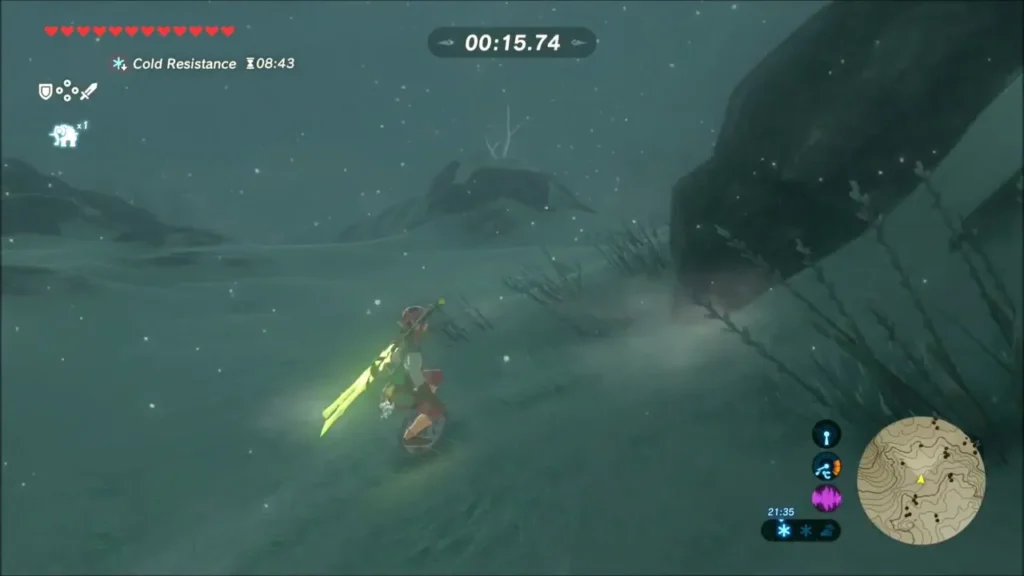 Link shield surfing past a boulder on the snowy slope Link shield surfing past a boulder on the snowy slope