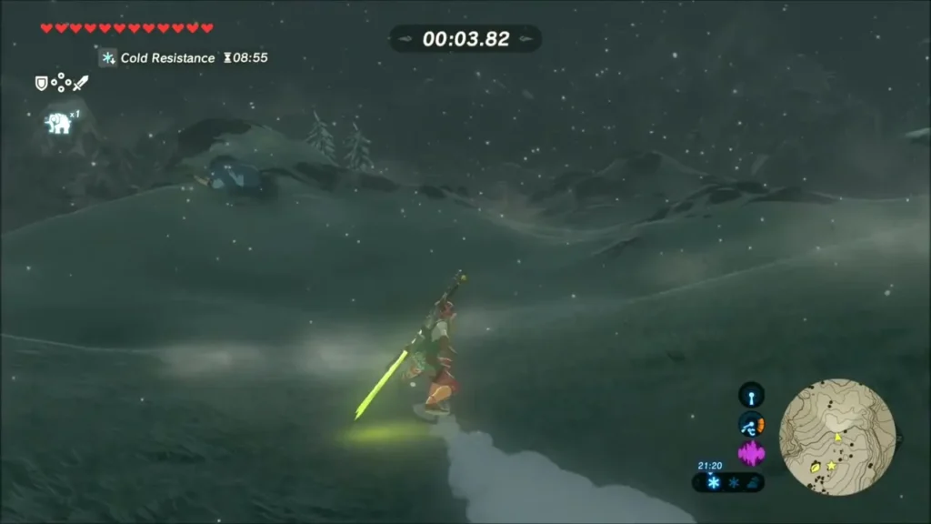 Link shield surfing down the beginner slope with a running timer Link shield surfing down the beginner slope with a running timer