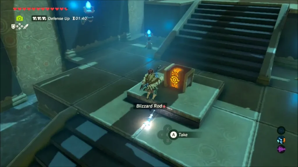 Link at the raised altar beside a glowing chest inside the shrine Link at the raised altar beside a glowing chest inside the shrine