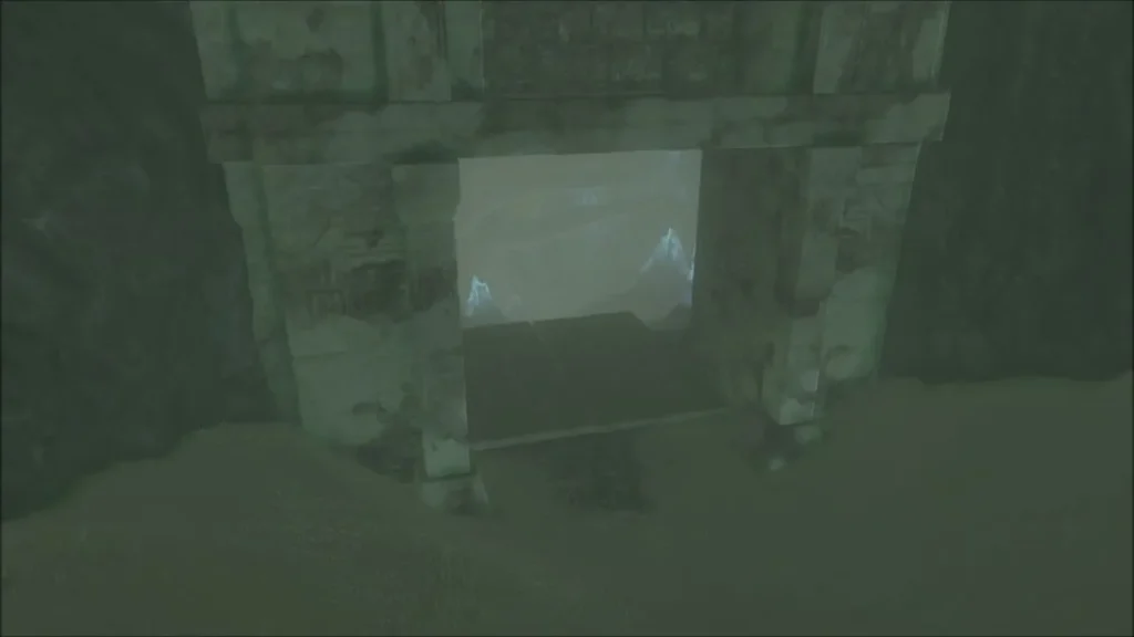 Shrine double doors broken open, snowy mountains beyond Shrine double doors broken open, snowy mountains beyond
