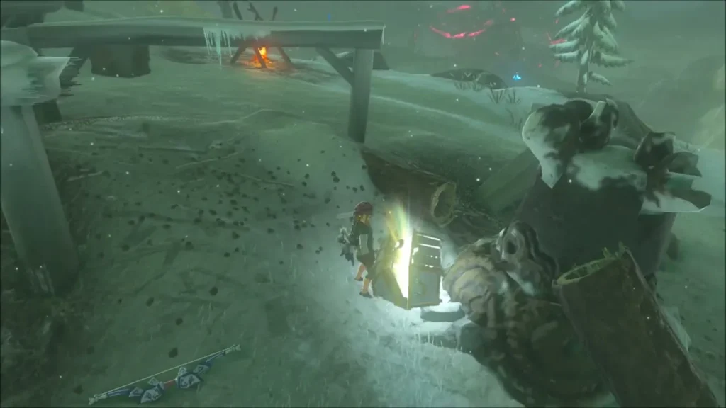 A glowing chest opened beside the iced-over ruins of the snow camp A glowing chest opened beside the iced-over ruins of the snow camp