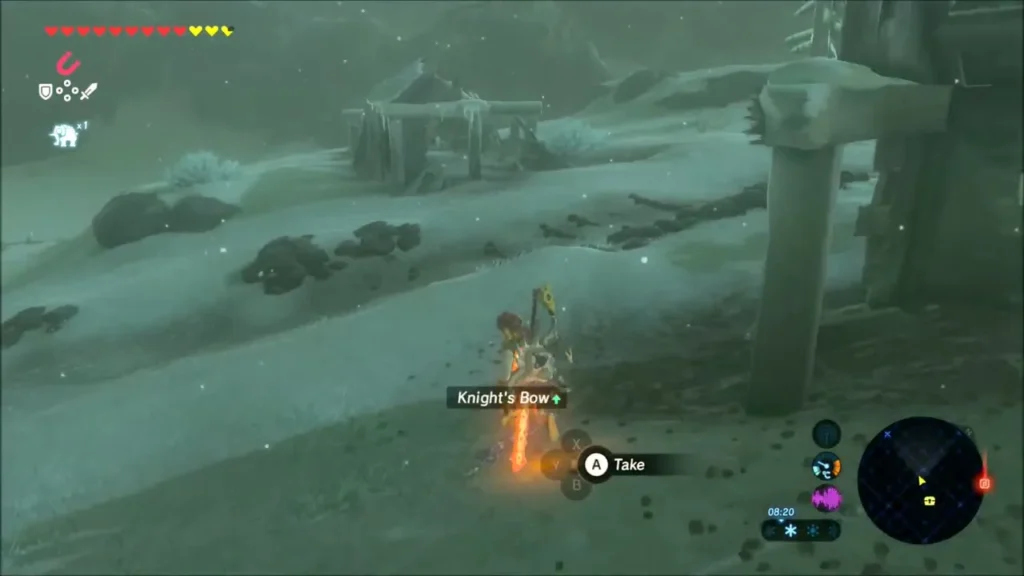 Link about to take a bow lying in the snow among the wrecked shacks Link about to take a bow lying in the snow among the wrecked shacks