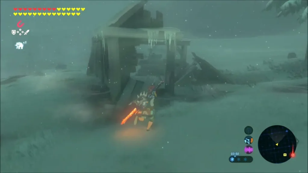 Link beside the ruined snowy shacks in a blizzard Link beside the ruined snowy shacks in a blizzard