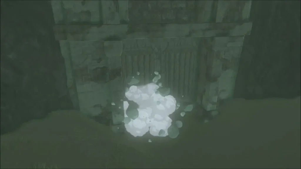 Burst of snow as the snowball smashes the shrine double doors Burst of snow as the snowball smashes the shrine double doors