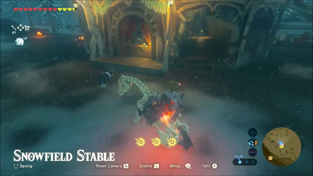 Link riding a horse up to Snowfield Stable as its name appears Link riding a horse up to Snowfield Stable as its name appears