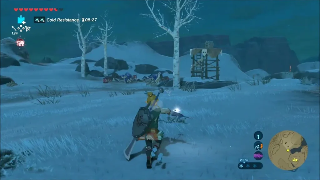 Link fighting enemies on the snowy plain near a wooden lookout tower Link fighting enemies on the snowy plain near a wooden lookout tower