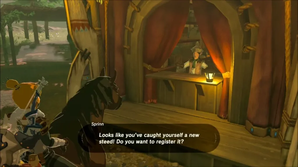 Link on horseback at the Serenne Stable counter talking to Sprinn Link on horseback at the Serenne Stable counter talking to Sprinn