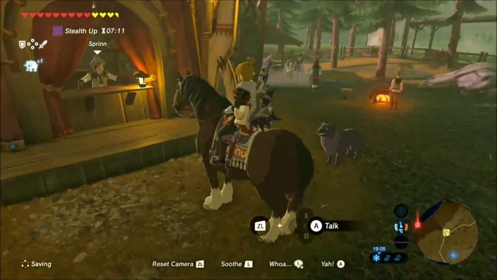 A dog standing near Link and his horse outside Serenne Stable at dusk A dog standing near Link and his horse outside Serenne Stable at dusk