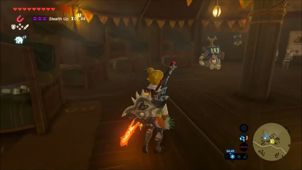 Link inside the lantern-lit Snowfield Stable with Beedle's pack at the back Link inside the lantern-lit Snowfield Stable with Beedle's pack at the back