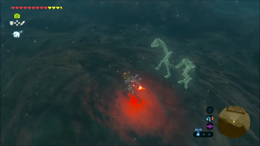 Link standing near two skeletal horses on a dark snowfield Link standing near two skeletal horses on a dark snowfield