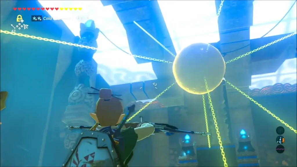 Link aiming a bow at a stone ball frozen with Stasis and held by chains Link aiming a bow at a stone ball frozen with Stasis and held by chains