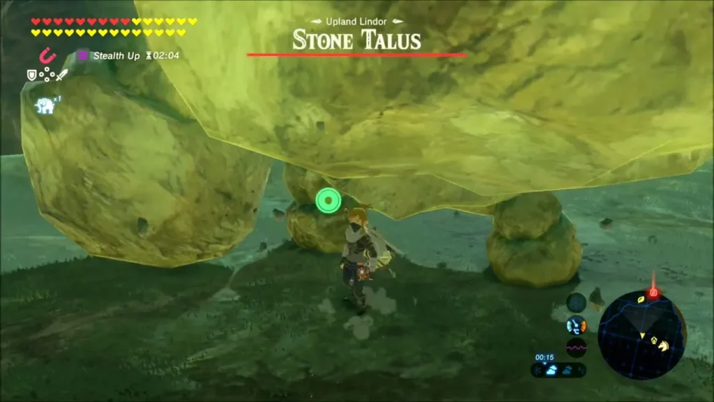 Link beneath the Stone Talus at Upland Lindor with its boss bar showing Link beneath the Stone Talus at Upland Lindor with its boss bar showing