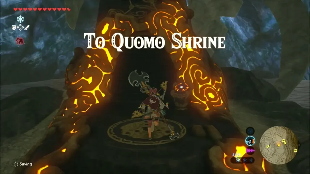 Link entering To Quomo Shrine, title over the glowing doorway Link entering To Quomo Shrine, title over the glowing doorway