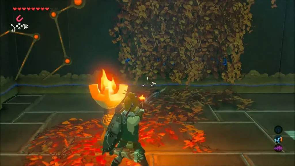 Link lighting dry leaves with a torch beside the grated doorway Link lighting dry leaves with a torch beside the grated doorway