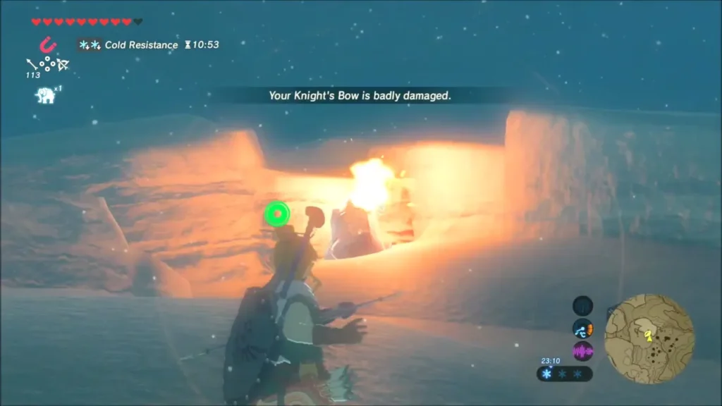 Link holding a burning torch against an ice wall, melting it Link holding a burning torch against an ice wall, melting it