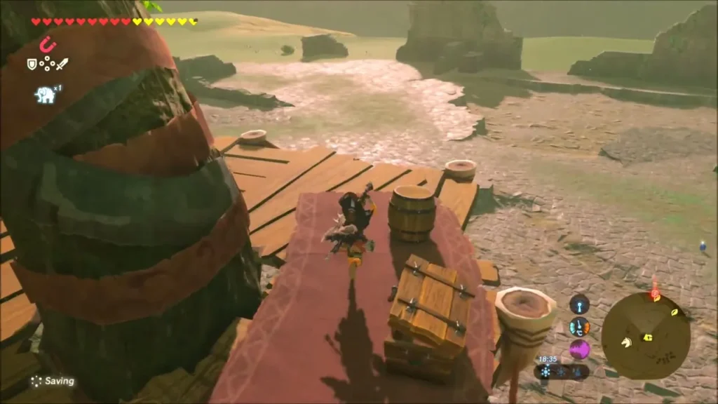 Link on the watchtower platform beside a barrel and a wooden chest Link on the watchtower platform beside a barrel and a wooden chest