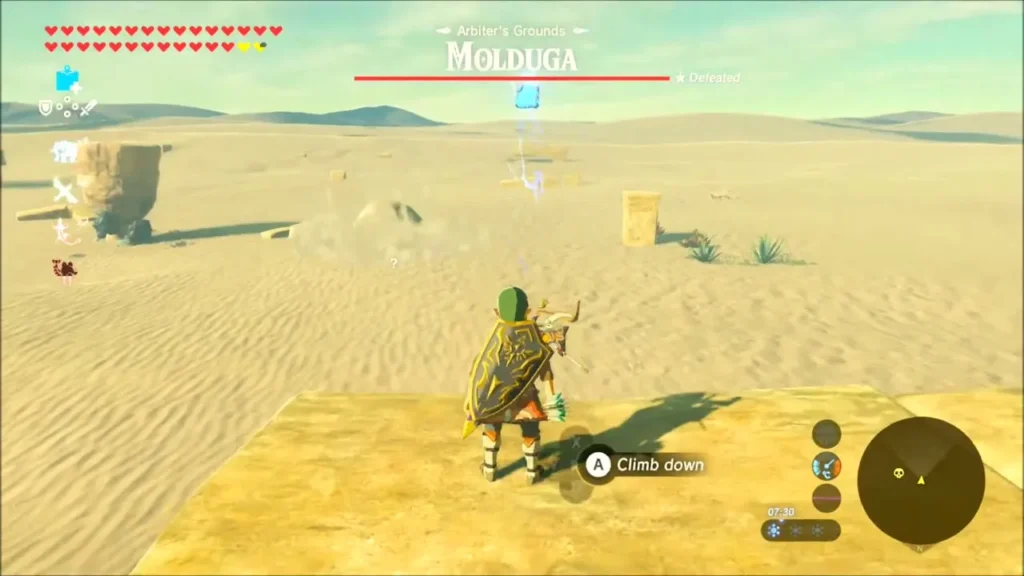 Link on a stone slab in Arbiter's Grounds as the Molduga bar appears and a bomb glows ahead Link on a stone slab in Arbiter's Grounds as the Molduga bar appears and a bomb glows ahead