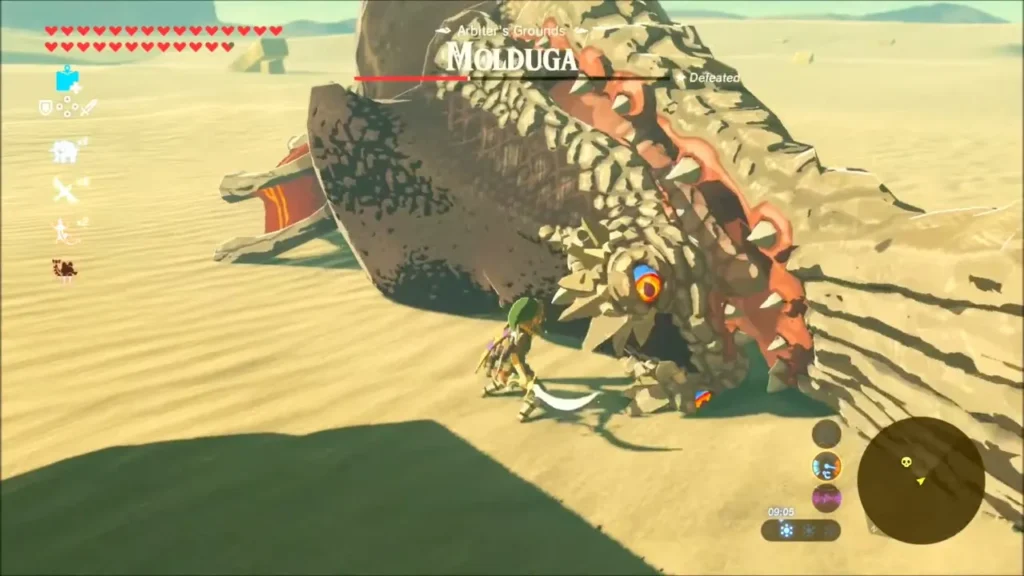 Link slashing the Molduga's mouth after it crashes down in Arbiter's Grounds Link slashing the Molduga's mouth after it crashes down in Arbiter's Grounds