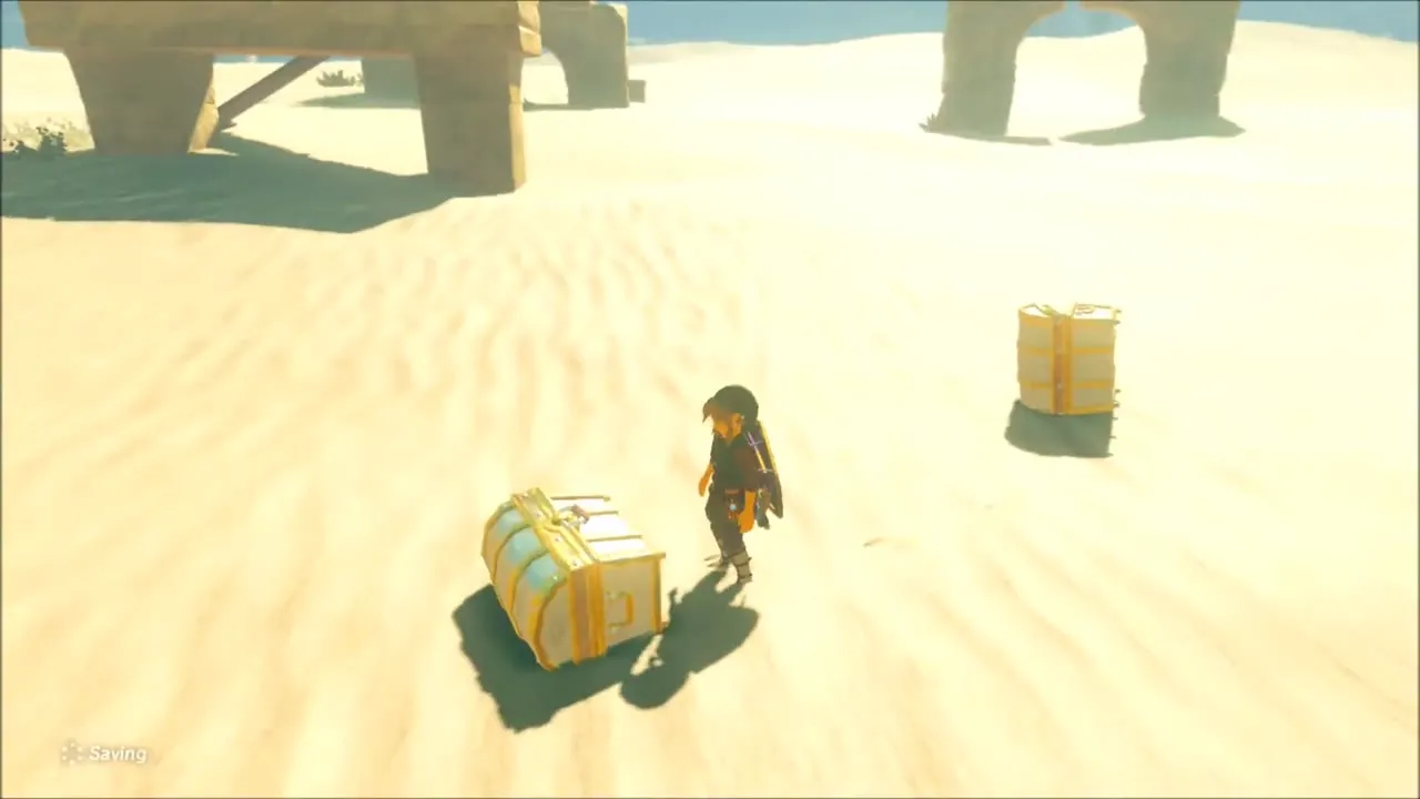 Link opening a chest in the sand near the arches of Arbiter's Grounds Link opening a chest in the sand near the arches of Arbiter's Grounds