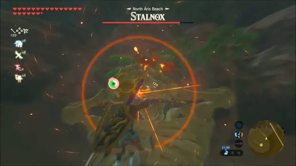 Link drawing a bow at the Stalnox eye on North Aris Beach at night Link drawing a bow at the Stalnox eye on North Aris Beach at night