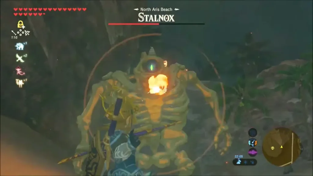 Stalnox struck by a fire arrow in its eye while Link stands close Stalnox struck by a fire arrow in its eye while Link stands close