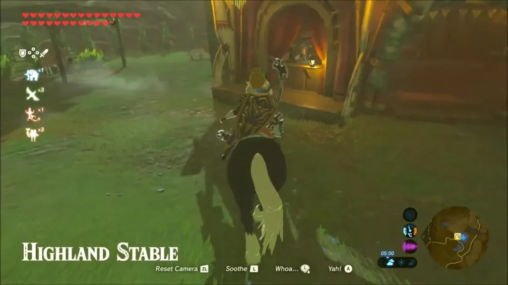 Link riding up to Highland Stable on a horse Link riding up to Highland Stable on a horse