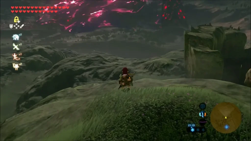 Link on a grassy hillside at night with Hyrule Castle ahead Link on a grassy hillside at night with Hyrule Castle ahead