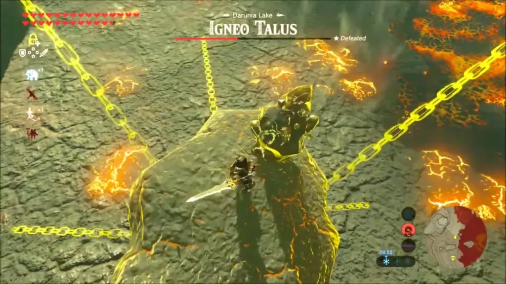 Link standing on the stasis-frozen Igneo Talus to hit its ore Link standing on the stasis-frozen Igneo Talus to hit its ore