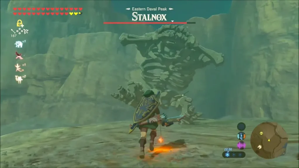Link running toward the towering Stalnox skeleton on Eastern Daval Peak Link running toward the towering Stalnox skeleton on Eastern Daval Peak