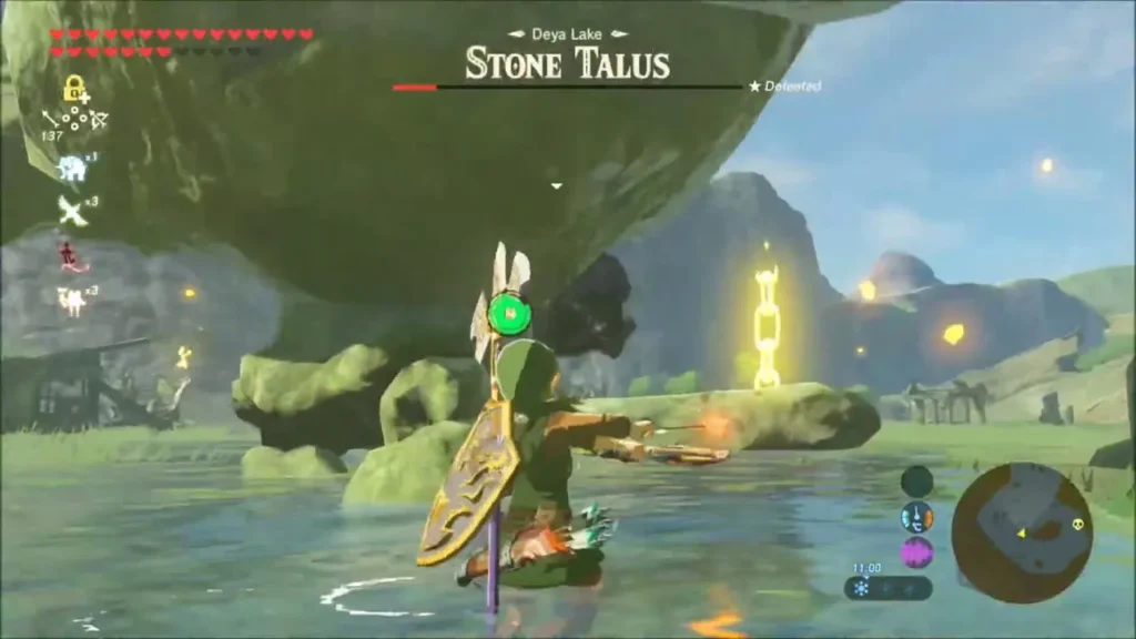 Link aiming a bow beneath the staggered Stone Talus in Deya Lake Link aiming a bow beneath the staggered Stone Talus in Deya Lake