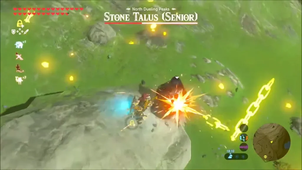 Link striking the glowing ore on the Stone Talus Senior while it is frozen in place Link striking the glowing ore on the Stone Talus Senior while it is frozen in place
