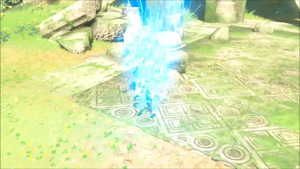 Link arriving in a blue beam of light on stone paving Link arriving in a blue beam of light on stone paving