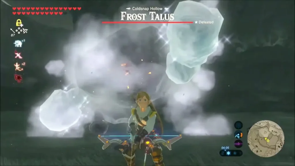 Link aiming a bow as the Frost Talus ice shatters in Coldsnap Hollow Link aiming a bow as the Frost Talus ice shatters in Coldsnap Hollow