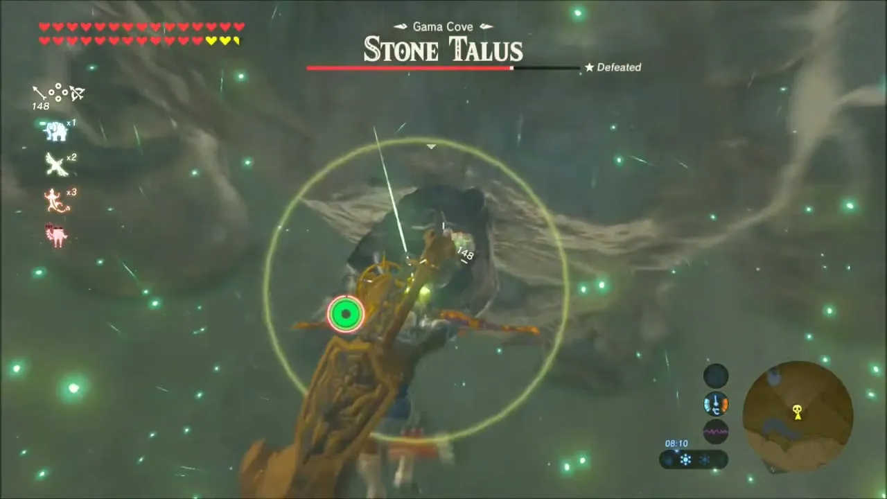 Link aiming a bow at the glowing ore on the Gama Cove Stone Talus Link aiming a bow at the glowing ore on the Gama Cove Stone Talus